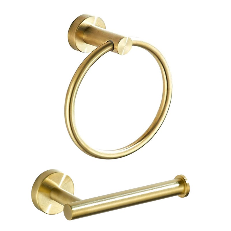 BATHSIR Brushed Gold Toilet Paper Holder & Hand Towel Holder Wall Mount 2 Pieces, Single Post Pivoting Round Modern Bathroom Hardware Towel Ring Toilet Tissue Holder, Bathroom Accessories Set - Image 1